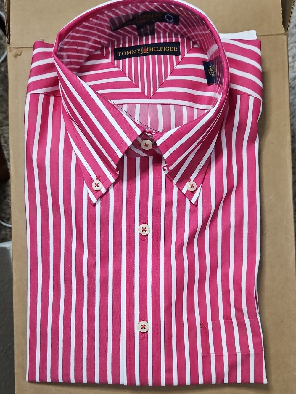 Tommy Hilfiger Pink and White Striped Button-Up Dress Shirt